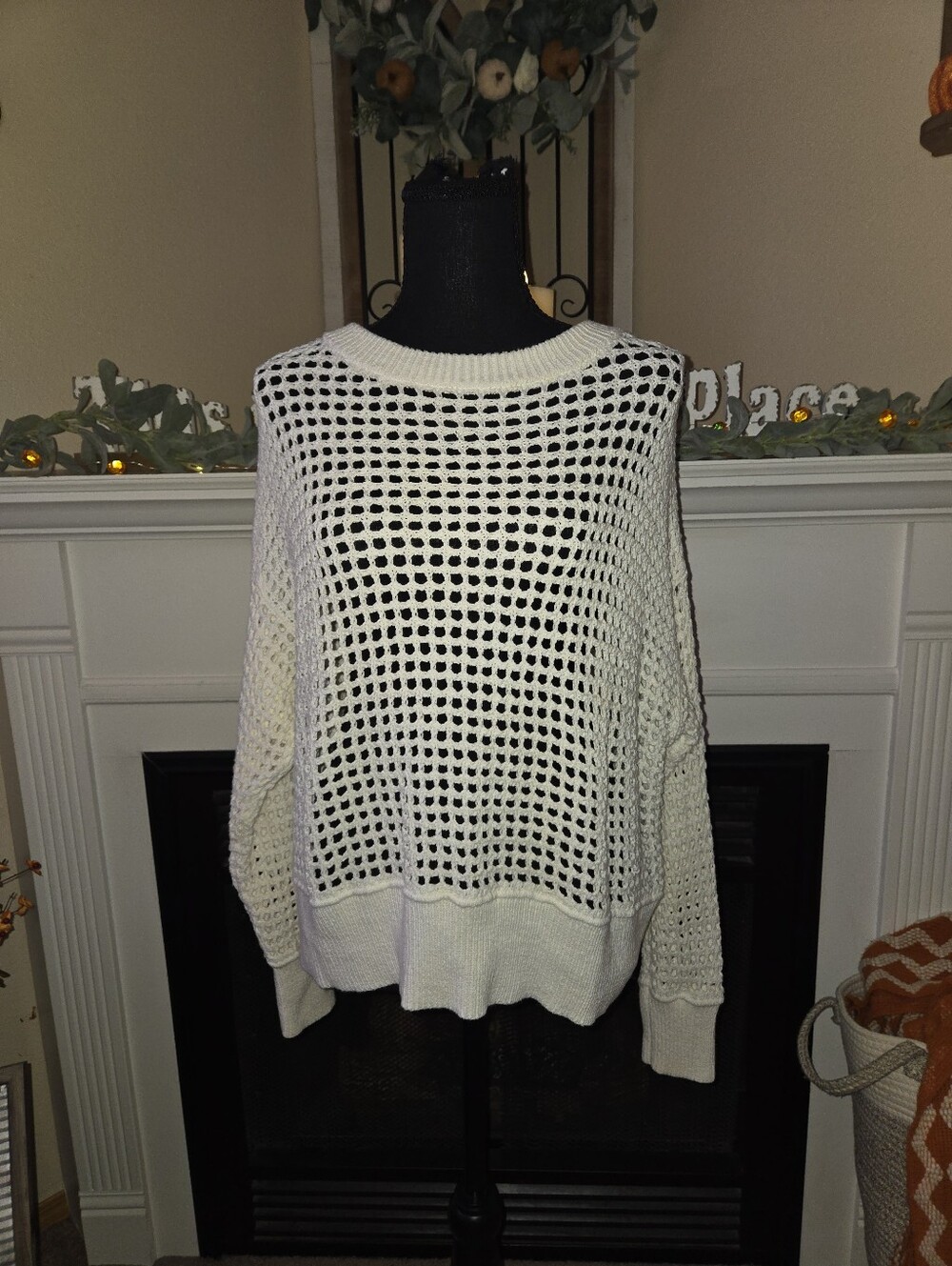 a new day Cream Open-Knit Crewneck Sweater